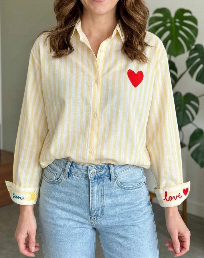Heart Button Down Shirt Yellow